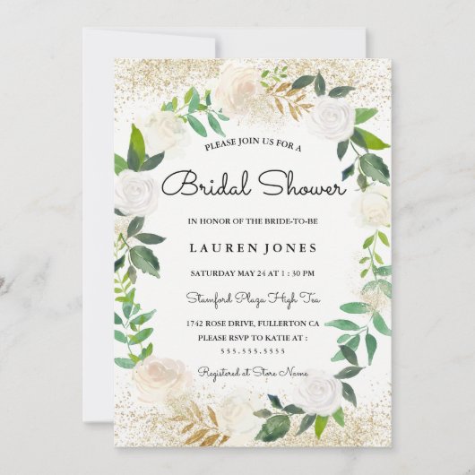 Glitter Bloemen Krans Bruids Douche Uitnodiging (Voorkant)