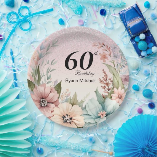 Glitter Bloemen Verjaardagsfeestje Papieren Bordje (Feest)