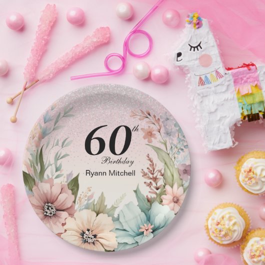 Glitter Bloemen Verjaardagsfeestje Papieren Bordje (Feest)