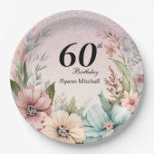 Glitter Bloemen Verjaardagsfeestje Papieren Bordje (Voorkant)