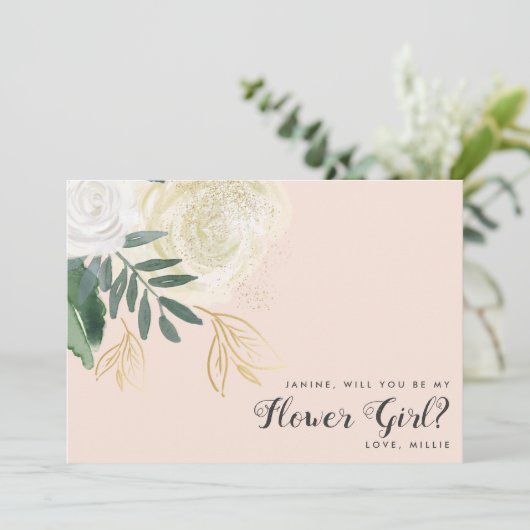 Glitter Bloemenmeisje-voorstel voor Blush & Sage Kaart (Staand voorkant)