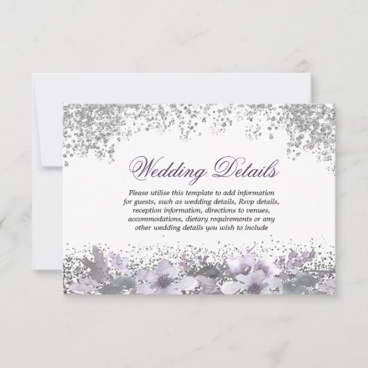 Glitter Bloemige Paarse Trouwreceptie Details Kaart (Voorkant)