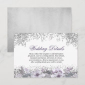Glitter Bloemige Paarse Trouwreceptie Details Kaart (Voorkant / Achterkant)