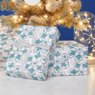 Glitter Bloemmotief in Wit & Indigo Cadeaupapier