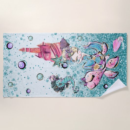 *~* Glitter Blonde Mermaid Zee Turtle Sand Castle Strandlaken (Voorkant)