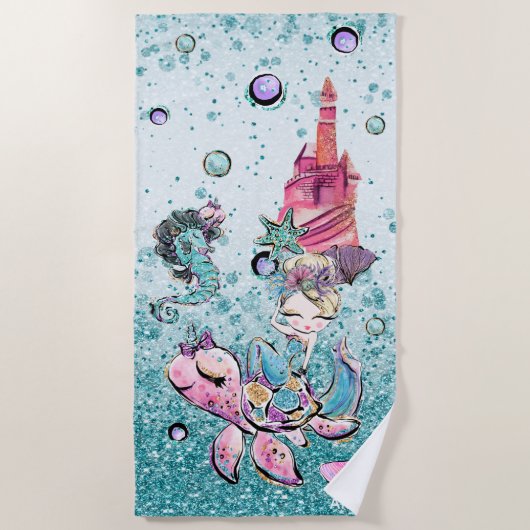 *~* Glitter Blonde Mermaid Zee Turtle Sand Castle Strandlaken (Voorkant)