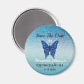 Glitter Blue Butterfly Quinceanera Save Date Magneet (Voorkant / Achterkant)