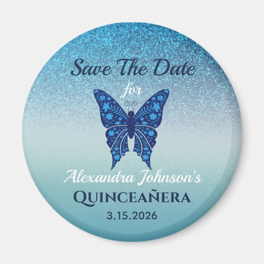 Glitter Blue Butterfly Quinceanera Save Date Magneet (Voorkant)