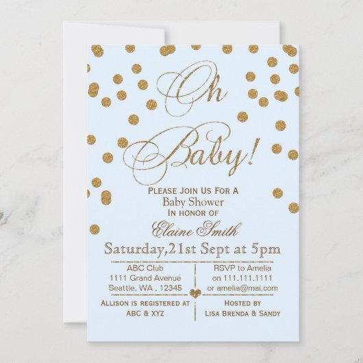Glitter blue en gouden baby shower uitnodiging (Voorkant)