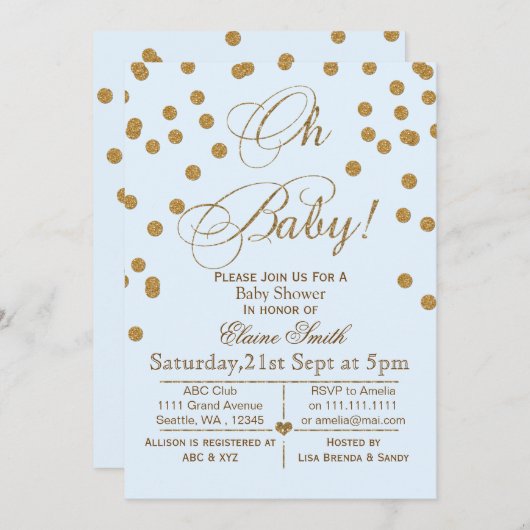 Glitter blue en gouden baby shower uitnodiging (Voorkant / Achterkant)