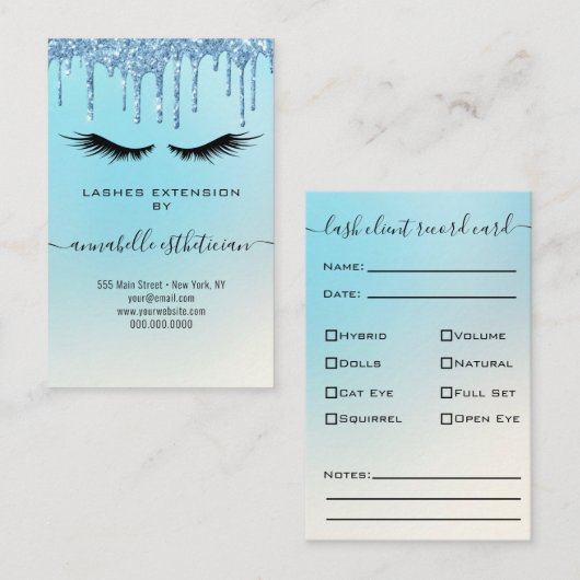 Glitter Blue Eyelash Extension Client Record Busin Visitekaartje (Voorkant / Achterkant)