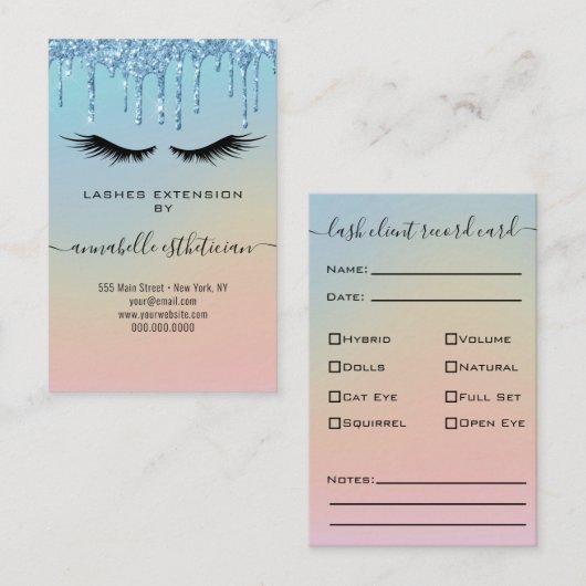 Glitter Blue Eyelash Extension Client Record Visitekaartje (Voorkant / Achterkant)