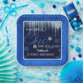 Glitter Blue First Birthday Winter ONE Papieren Bordje