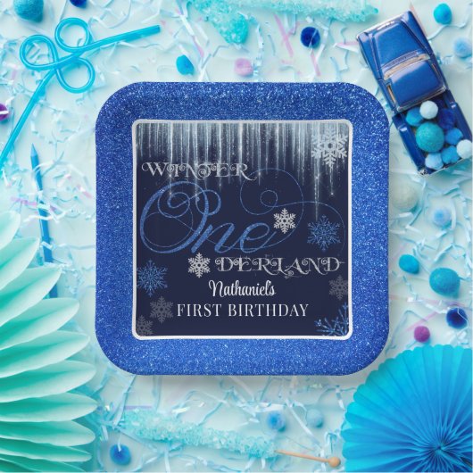 Glitter Blue First Birthday Winter ONE Papieren Bordje (Feest)