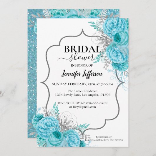 Glitter Blue Floral Bridal Shower Kaart (Voorkant / Achterkant)