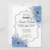 Glitter Blue Floral Sweet 16 Birthday Invitation Kaart (Voorkant)