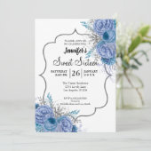 Glitter Blue Floral Sweet 16 Birthday Invitation Kaart (Staand voorkant)