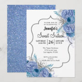 Glitter Blue Floral Sweet 16 Birthday Invitation Kaart (Voorkant / Achterkant)