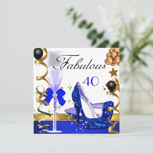 Glitter Blue Gold 40 Fabulous 40th Birthday Party Kaart (Staand voorkant)