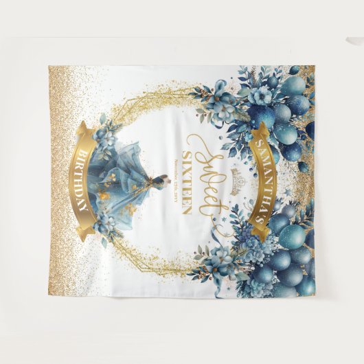 Glitter Blue Gold Waterverf Sweet Sixteen Banner Wandkleed (Voorkant (horizontaal))