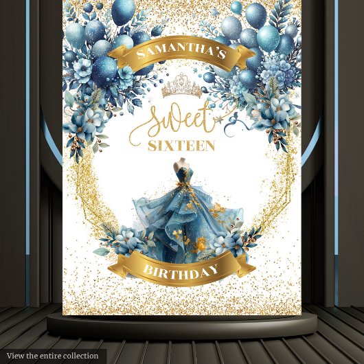 Glitter Blue Gold Waterverf Sweet Sixteen Banner Wandkleed