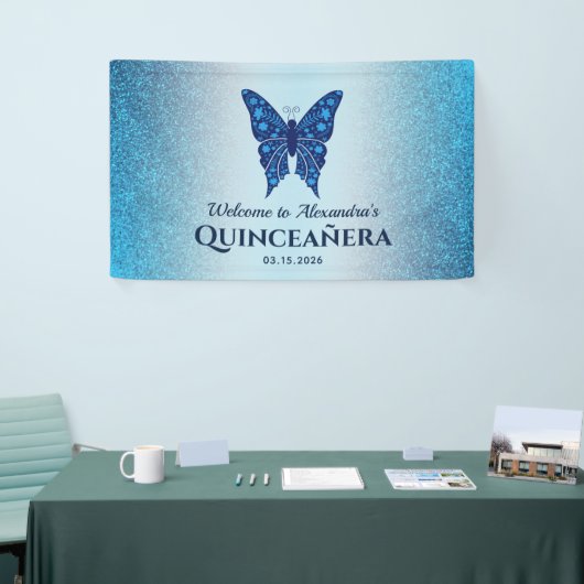 Glitter Blue Quinceanera Verjaardag Spandoek (Beurs)