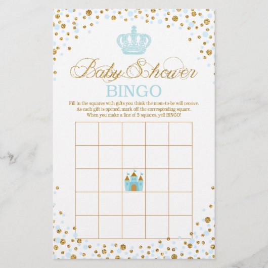 Glitter Blue Royal Crown Prince Baby shower Bingo (Voorkant)
