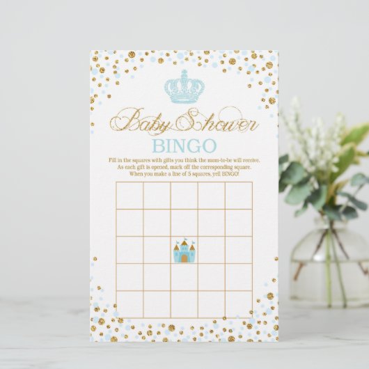 Glitter Blue Royal Crown Prince Baby shower Bingo (Staand voorkant)