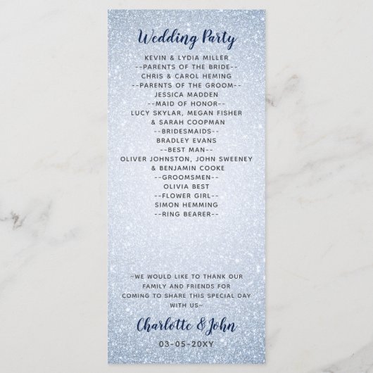 Glitter Blue Sneeuwvlokken winter bruiloft program Programmakaart (Achterkant)