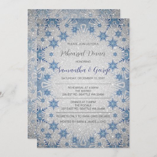 Glitter Blue Snowflakes Winter Rehearsal Dinner Kaart (Voorkant / Achterkant)