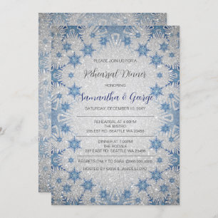Glitter Blue Snowflakes Winter Rehearsal Dinner Kaart