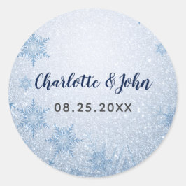 Glitter Blue Snowflakes winterbruiloft Ronde Sticker