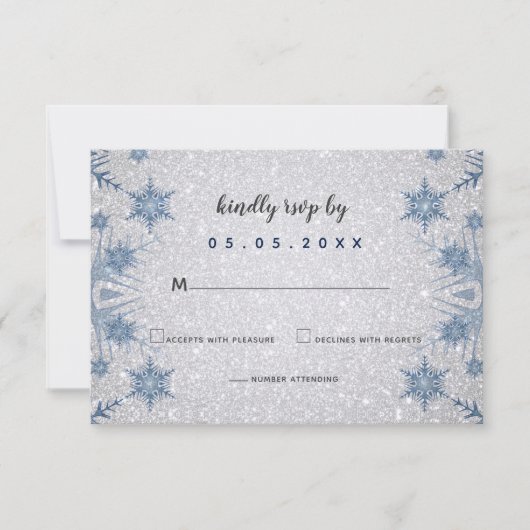 Glitter Blue Snowflakes winterbruiloft rsvp Kaart (Voorkant)