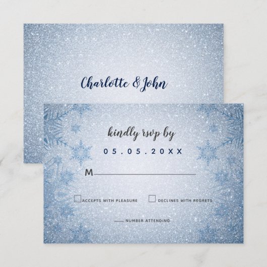 Glitter Blue Snowflakes winterbruiloft rsvp Kaart (Voorkant / Achterkant)