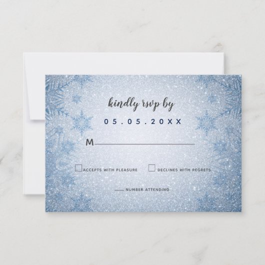 Glitter Blue Snowflakes winterbruiloft RSVP Kaartje (Voorkant)