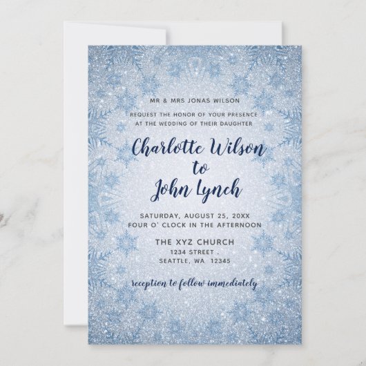 Glitter Blue Snowflakes wintertrouwuitnodiging Kaart (Voorkant)