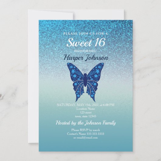 Glitter Blue Sweet 16 Verjaardag Uitnodiging (Voorkant)