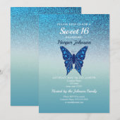 Glitter Blue Sweet 16 Verjaardag Uitnodiging (Voorkant / Achterkant)
