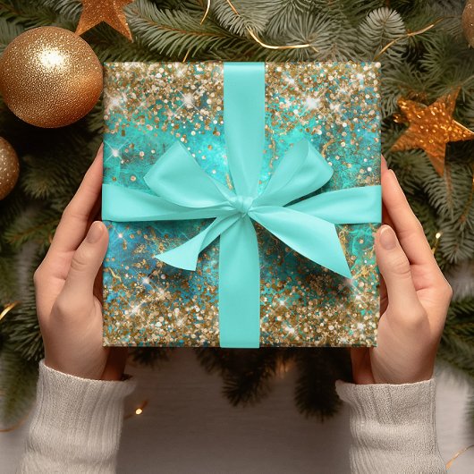 Glitter Blue Turquoise Gemstone Fire Glam Inpakpapier Vel