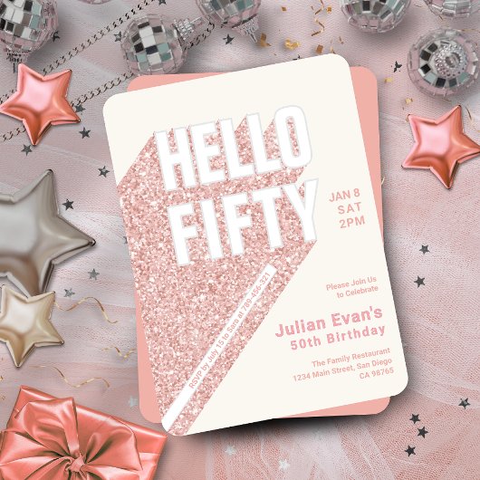 Glitter Blush Pink Bold Typografie 50ste verjaarda Kaart