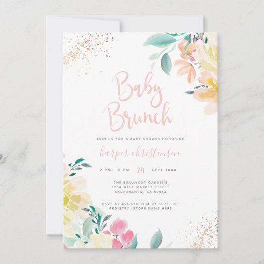 Glitter Blush Pink Floral Baby shower Brunch Kaart (Voorkant)