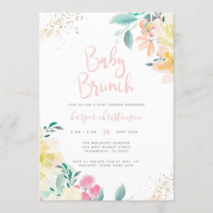 Glitter Blush Pink Floral Baby shower Brunch Kaart