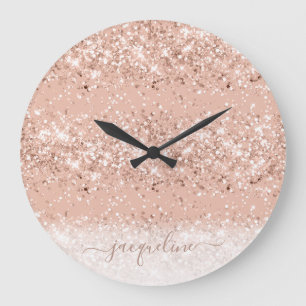 Glitter Blush Pink Rose Gold Monogram Grote Klok