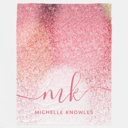 Glitter Blush Pink Rose Gold Monogramed Script Fleece Deken (Voorkant)