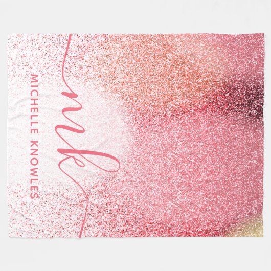 Glitter Blush Pink Rose Gold Monogramed Script Fleece Deken (Voorkant (Horizontaal))