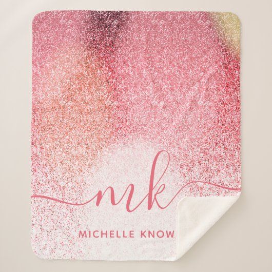 Glitter Blush Pink Rose Gold Monogramed Script Sherpa Deken (Voorkant)
