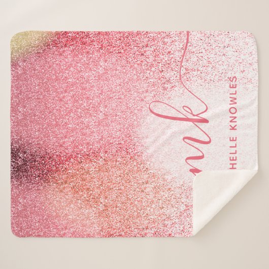 Glitter Blush Pink Rose Gold Monogramed Script Sherpa Deken (Voorkant (horizontaal))