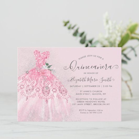 Glitter Blush Pink Silver Dress Quinceanera Kaart (Staand voorkant)