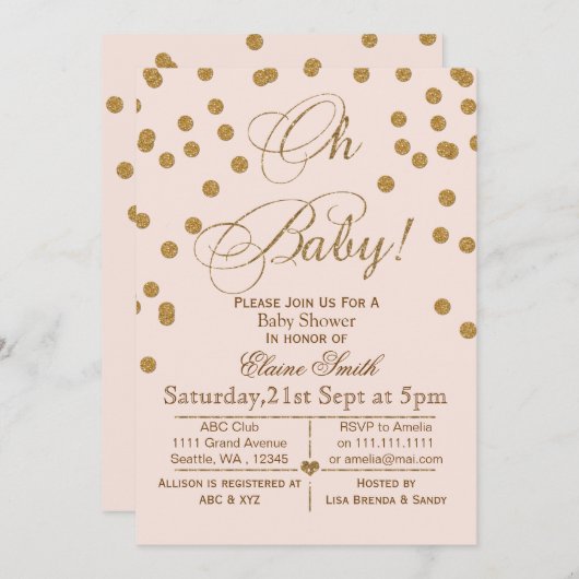 Glitter blush roze and gold baby shower call kaart (Voorkant / Achterkant)