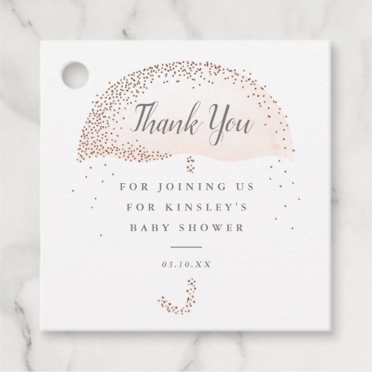 Glitter blush roze paraplu baby shower bedankt bedankjes labels (Voorkant)